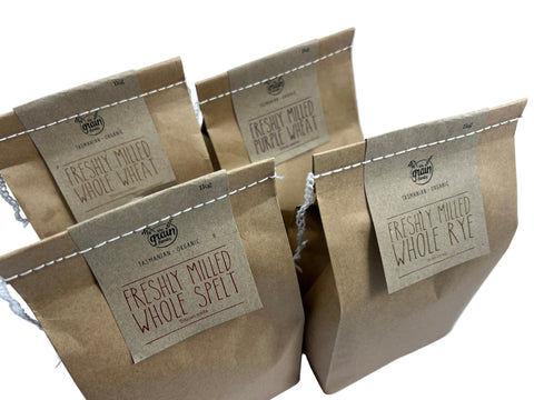 Flour bags bags with labels on a white background